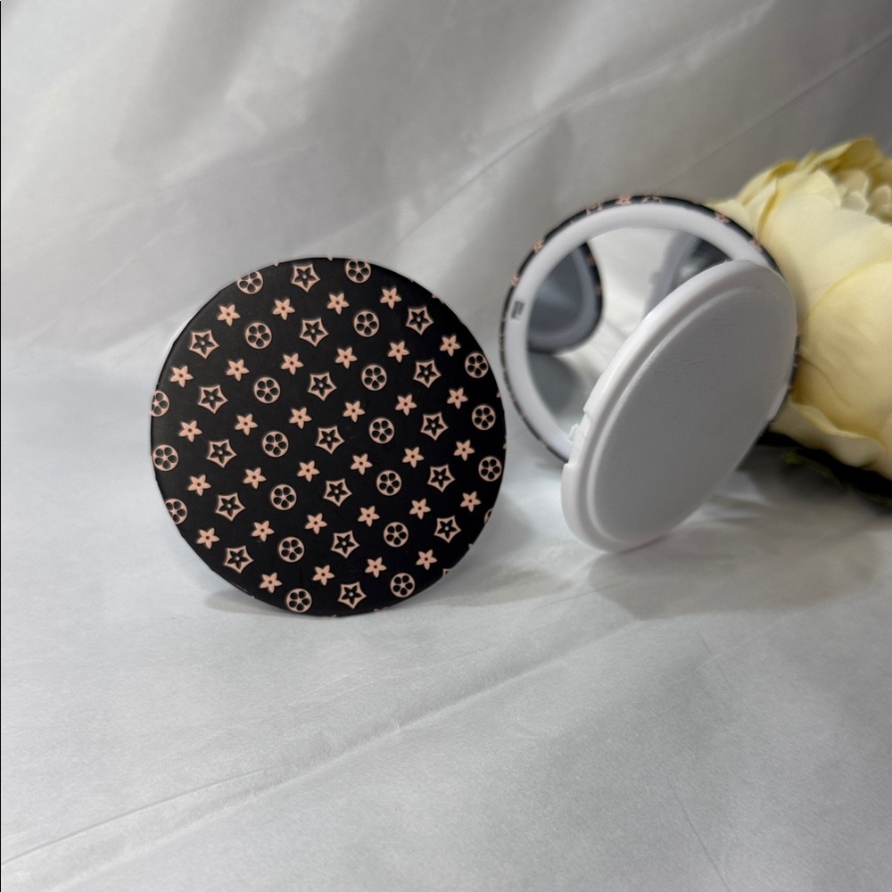 Round Compact Mirror with Black-Brown & Rose Gold Pattern